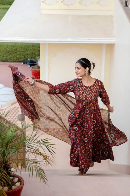 Floral Printed Sequinned Pure Cotton Anarkali Kurta With Palazzos & Dupatta