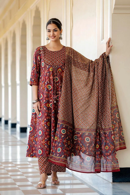 Floral Printed Sequinned Pure Cotton Anarkali Kurta With Palazzos & Dupatta