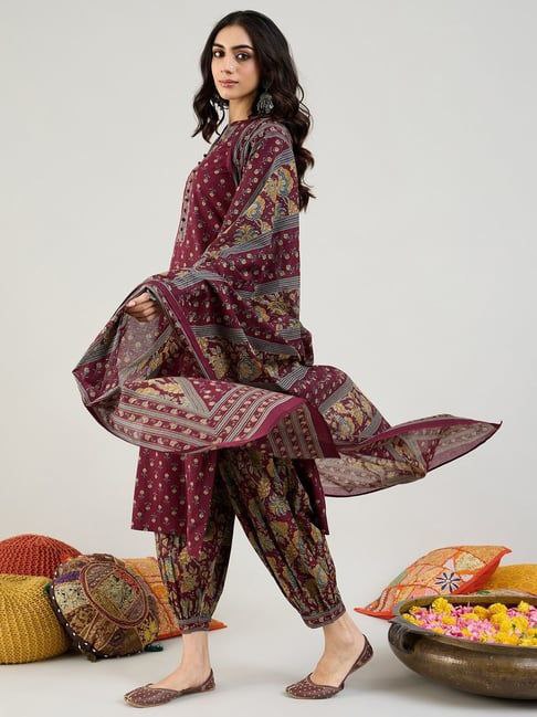 Floral Printed Sequinned Pure Cotton Anarkali Kurta With Palazzos & Dupatta