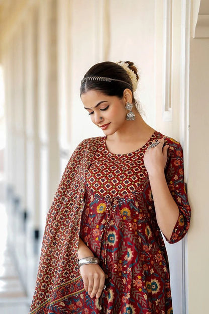 Floral Printed Sequinned Pure Cotton Anarkali Kurta With Palazzos & Dupatta