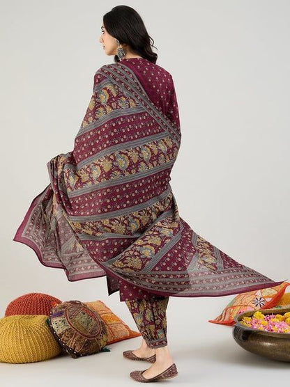 Floral Printed Sequinned Pure Cotton Anarkali Kurta With Palazzos & Dupatta