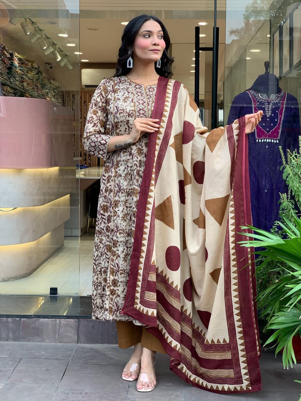 Royal Cream Magic Cotton Printed Kurti Pant And Dupatta set