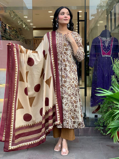 Royal Cream Magic Cotton Printed Kurti Pant And Dupatta set