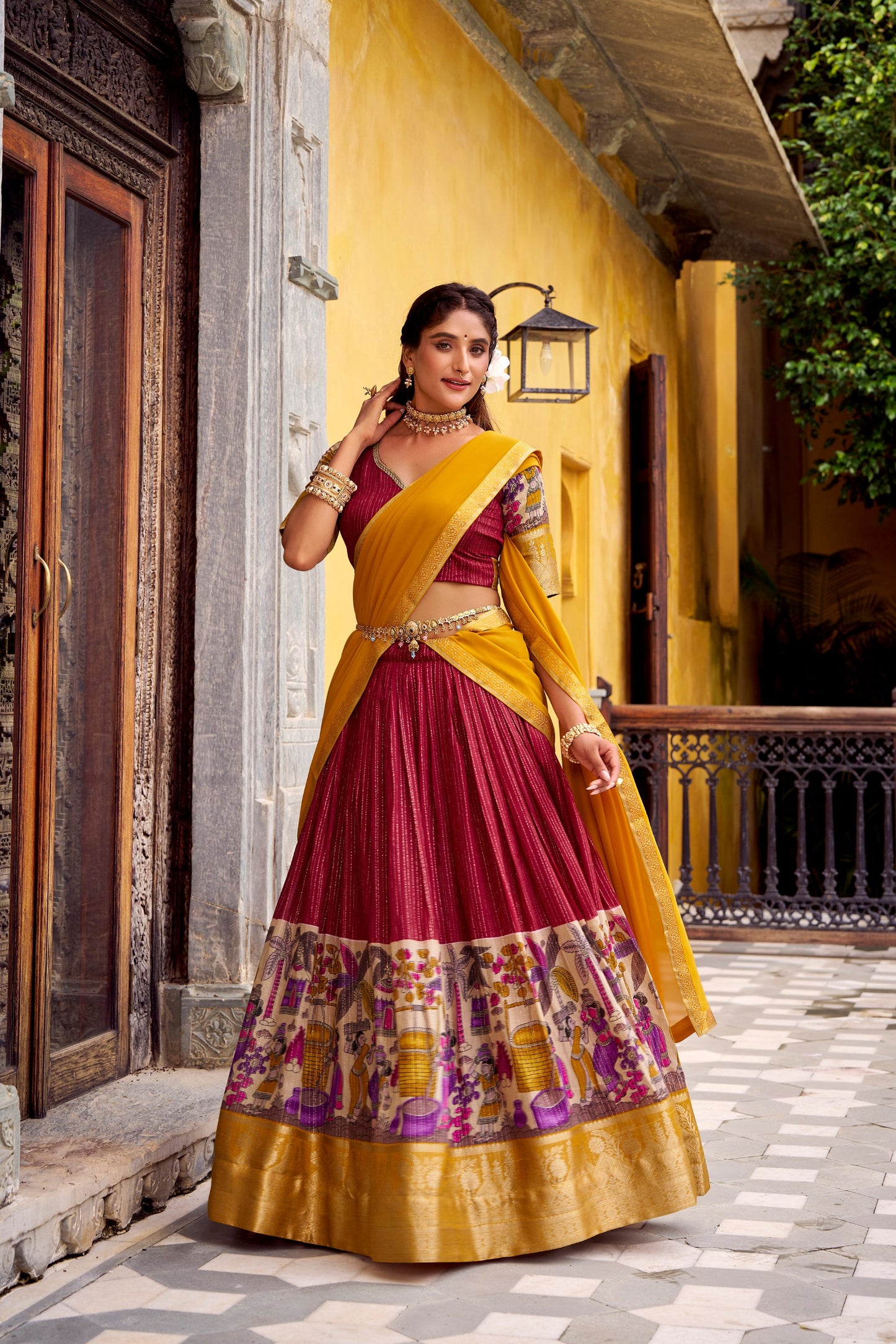 Maroon Half Saree Lehenga in Chanderi Kalamkari Print With Weaving Pattu Pavadai