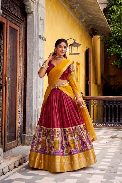 Maroon Half Saree Lehenga in Chanderi Kalamkari Print With Weaving Pattu Pavadai