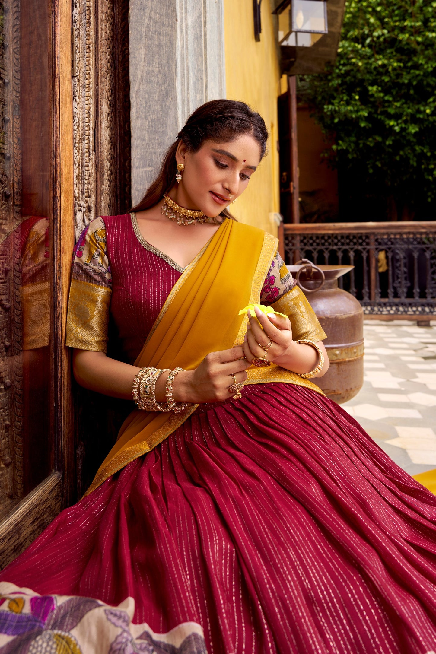 Maroon Half Saree Lehenga in Chanderi Kalamkari Print With Weaving Pattu Pavadai