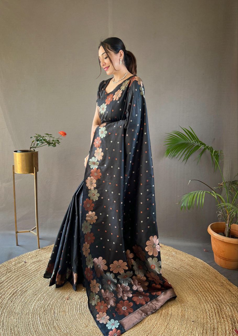 Black Color Pure Soft Silk with Copper & Gold Weaving Saree