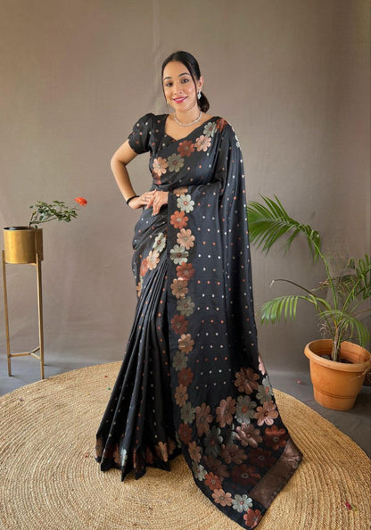 Black Color Pure Soft Silk with Copper & Gold Weaving Saree