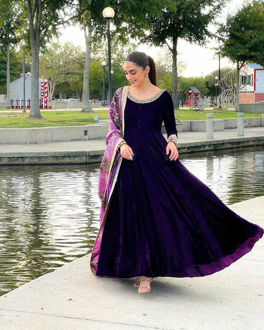 Plum Purple Hevy Velvet With Embroidery Weddingwear Gown Set