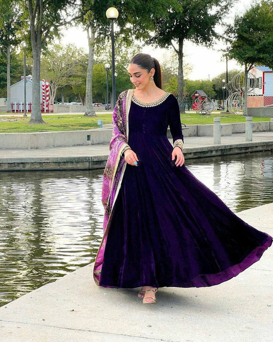 Plum Purple Hevy Velvet With Embroidery Weddingwear Gown Set