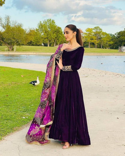 Plum Purple Hevy Velvet With Embroidery Weddingwear Gown Set