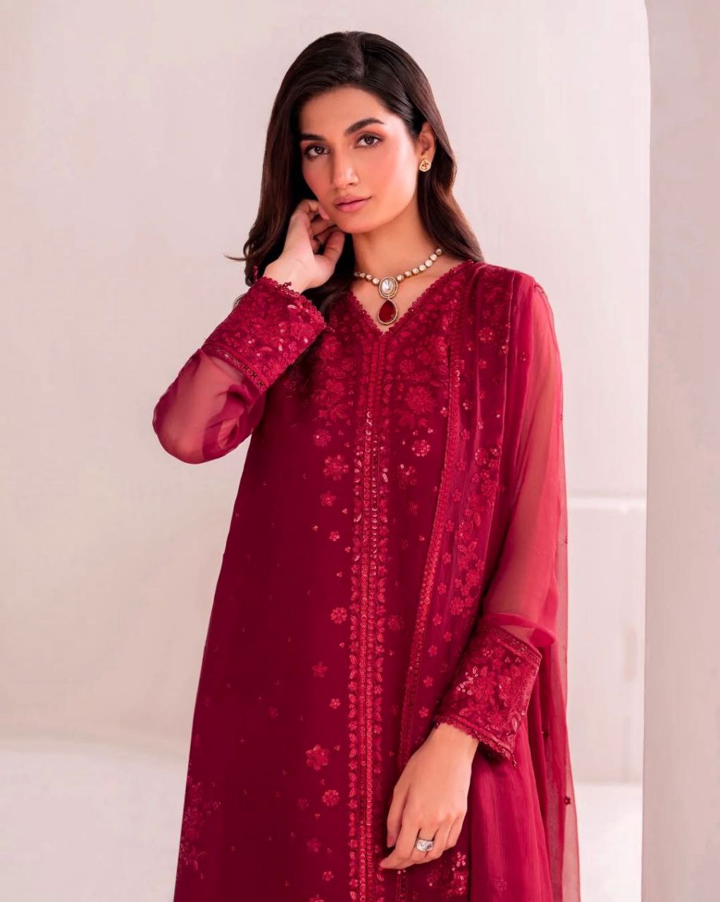 Premium Faux Georgette Embroidered Wine Red Plazzo Suit