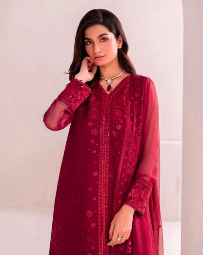 Premium Faux Georgette Embroidered Wine Red Plazzo Suit