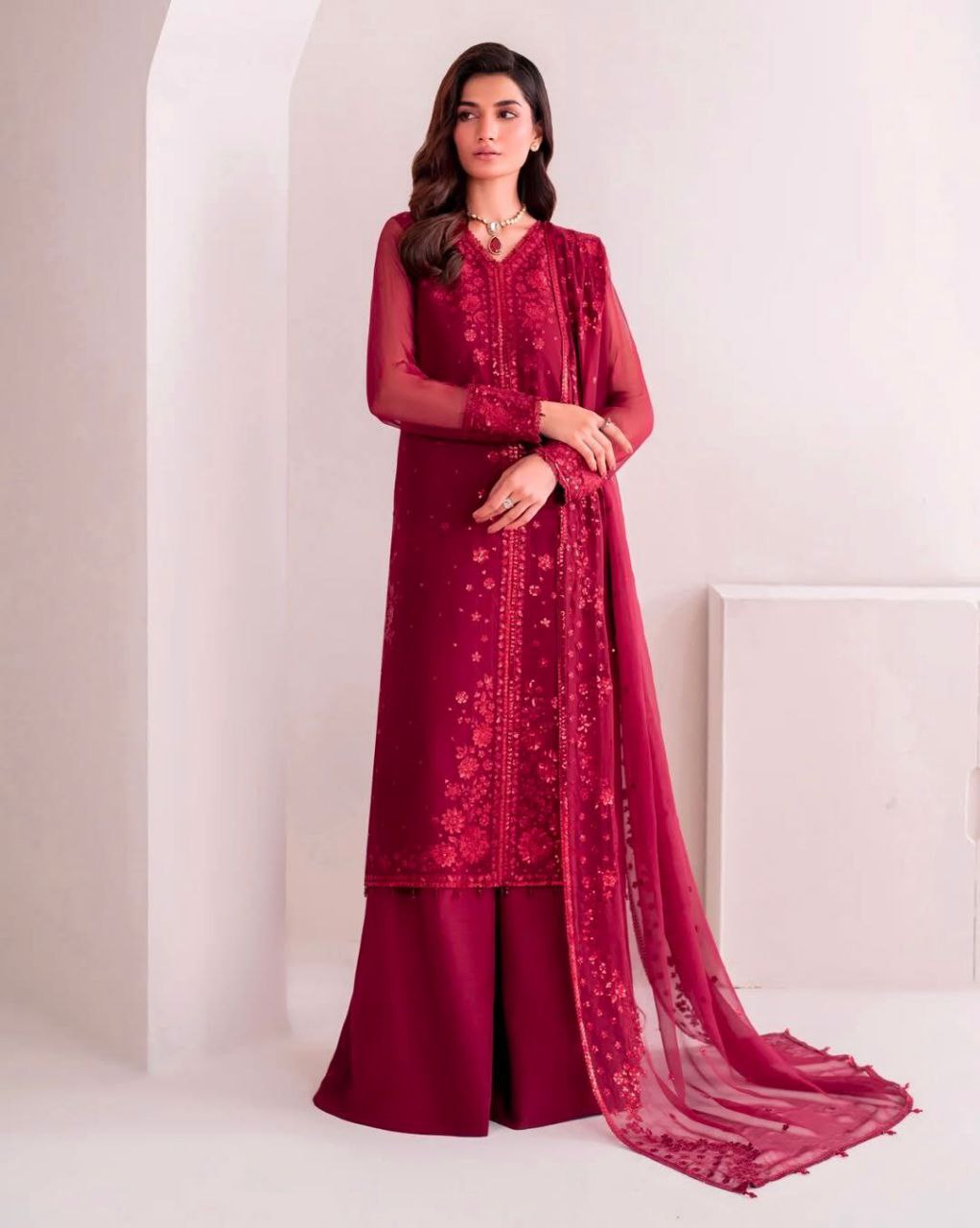 Premium Faux Georgette Embroidered Wine Red Plazzo Suit