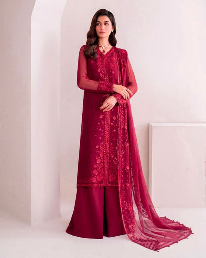 Premium Faux Georgette Embroidered Wine Red Plazzo Suit