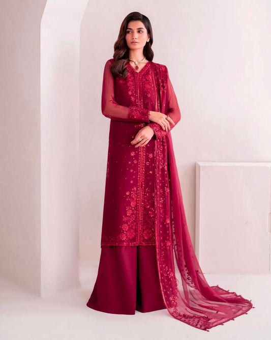 Premium Faux Georgette Embroidered Wine Red Plazzo Suit