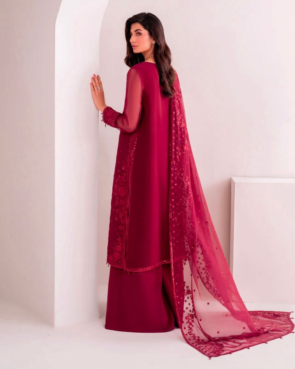 Premium Faux Georgette Embroidered Wine Red Plazzo Suit