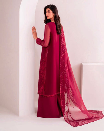 Premium Faux Georgette Embroidered Wine Red Plazzo Suit