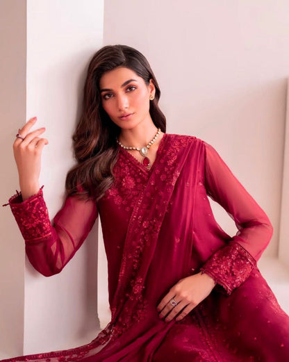 Premium Faux Georgette Embroidered Wine Red Plazzo Suit