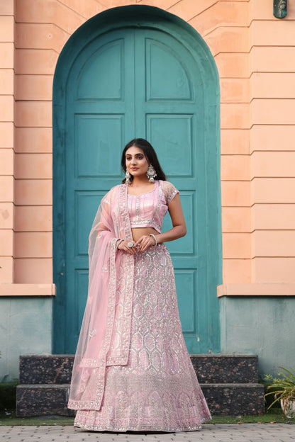 Light Pink Net Lehenga With Embroidery Glitter Dori And Heavy Sequins Work