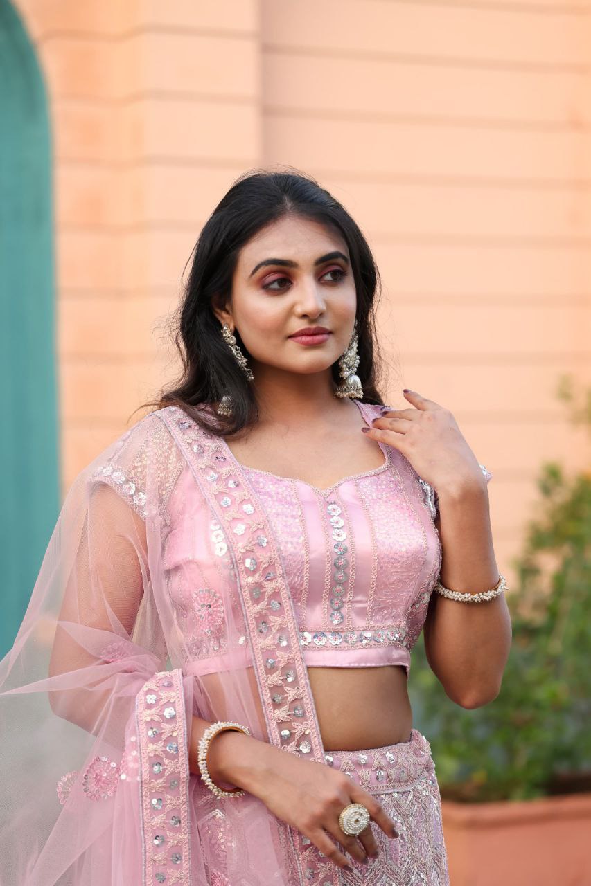 Light Pink Net Lehenga With Embroidery Glitter Dori And Heavy Sequins Work
