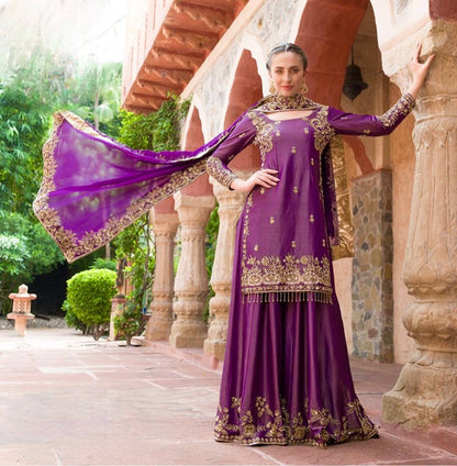 Purple Kaliyan Hand Embroidery work Sharara Suit