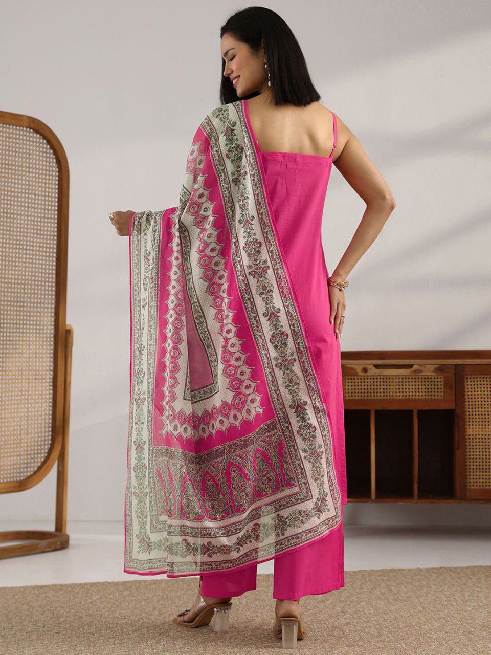 Pink Printed Cotton Straight Suit Set With Dupatta