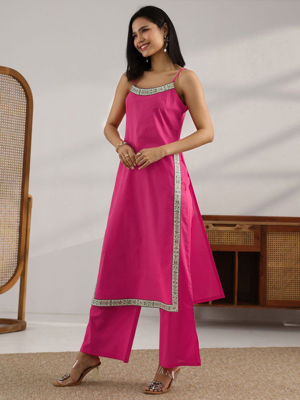 Pink Printed Cotton Straight Suit Set With Dupatta