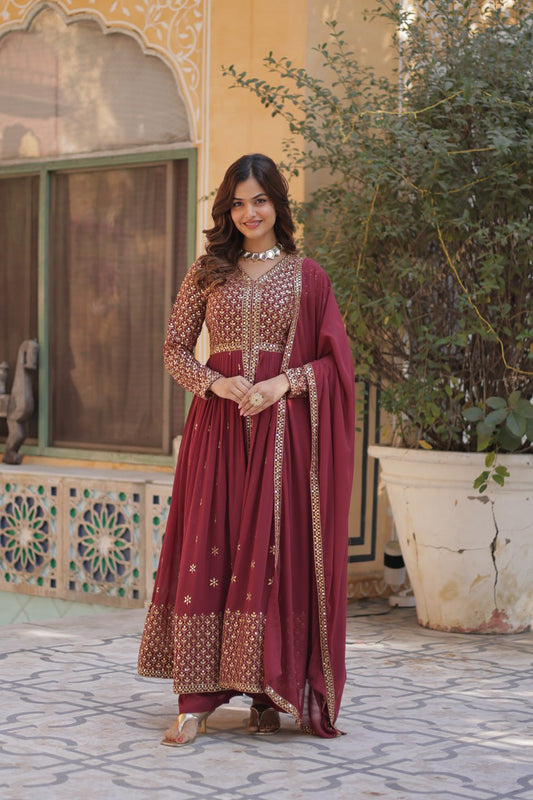 Red Color Georgette Fabric With Embroidery Work Gown Set