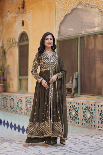 Green Color Georgette Fabric With Embroidery Work Gown Set