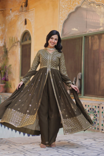 Green Color Georgette Fabric With Embroidery Work Gown Set