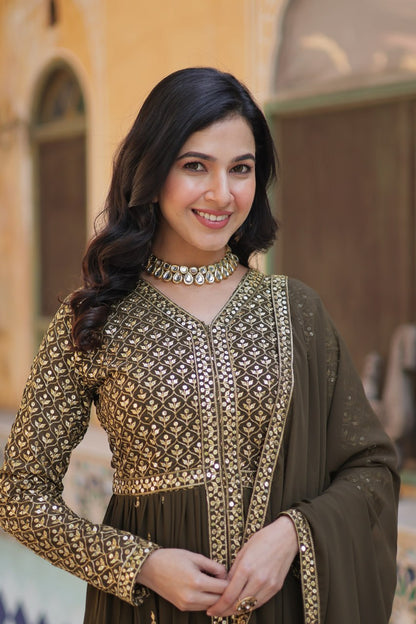 Green Color Georgette Fabric With Embroidery Work Gown Set