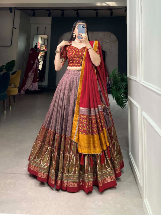 Aglow Red Color Tussar Silk Kashmiri Print With Foil Print Lehenga Choli