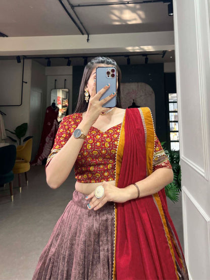 Aglow Red Color Tussar Silk Kashmiri Print With Foil Print Lehenga Choli