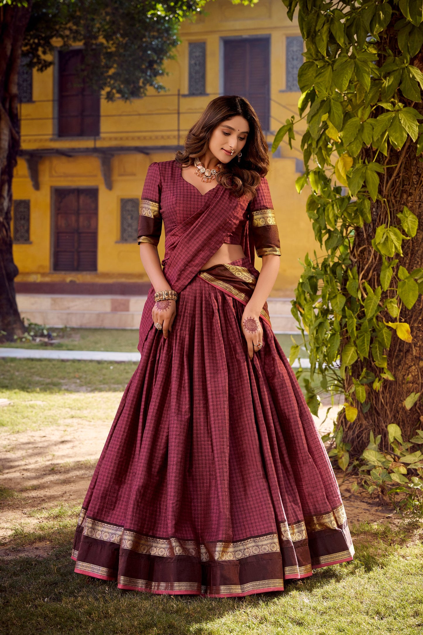 Maroon Elegant Stitched Chettinad Cotton Lehenga with Checks & Zari Weaving – Traditional Festive Wear Set