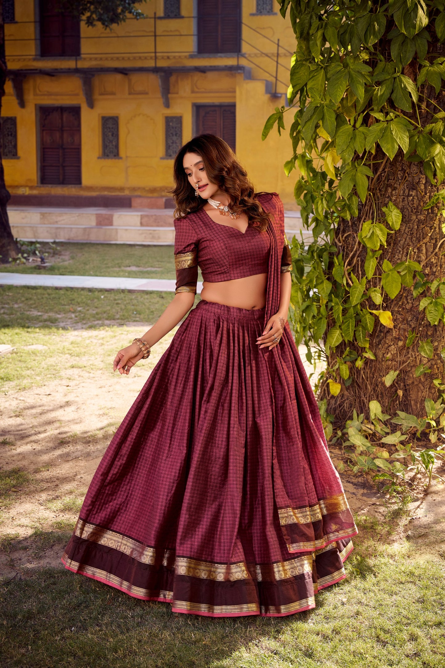 Maroon Elegant Stitched Chettinad Cotton Lehenga with Checks & Zari Weaving – Traditional Festive Wear Set