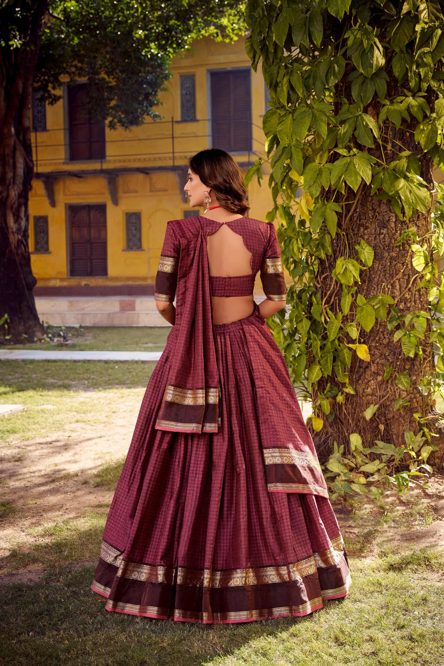 Maroon Elegant Stitched Chettinad Cotton Lehenga with Checks & Zari Weaving – Traditional Festive Wear Set
