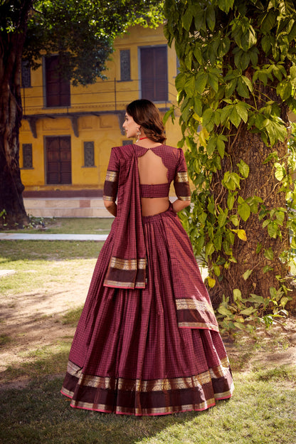 Maroon Elegant Stitched Chettinad Cotton Lehenga with Checks & Zari Weaving – Traditional Festive Wear Set