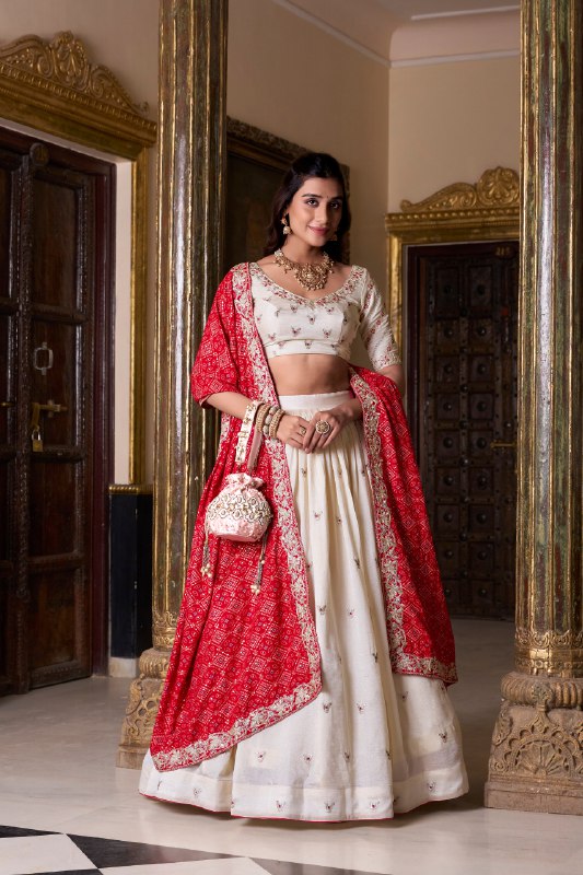 Chic White Vichitra Silk Lehenga with Shimmering Sequins Embroidery