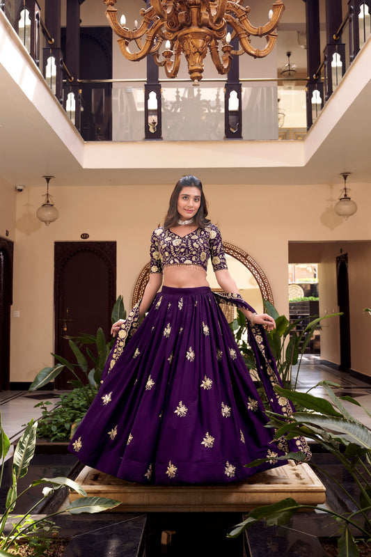 Stylish Purple Vichitra Silk Lehenga Set with Embroidery