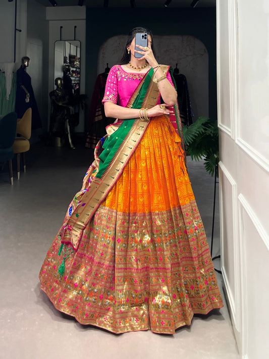 Vibrant Orange Paithani Saree with Golden Zari Weaves