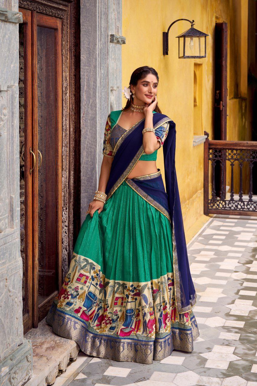 Bottle Green Kalamkari Printed Poly Chanderi Lehenga Set with Georgette Dupatta