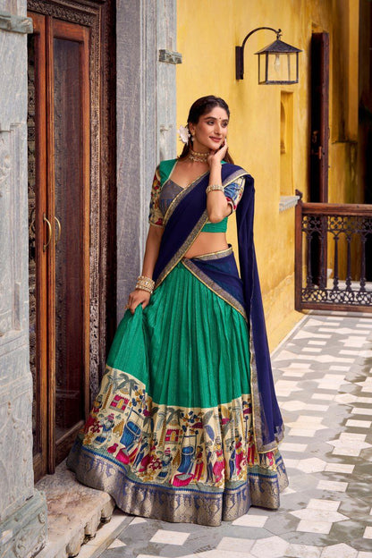 Bottle Green Kalamkari Printed Poly Chanderi Lehenga Set with Georgette Dupatta