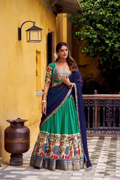 Bottle Green Kalamkari Printed Poly Chanderi Lehenga Set with Georgette Dupatta