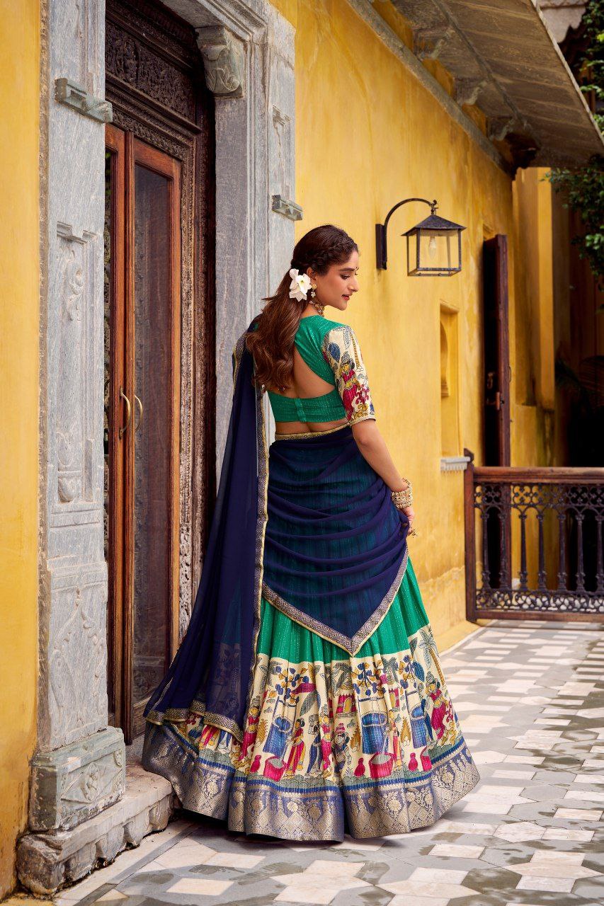 Bottle Green Kalamkari Printed Poly Chanderi Lehenga Set with Georgette Dupatta