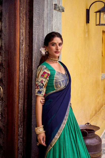 Bottle Green Kalamkari Printed Poly Chanderi Lehenga Set with Georgette Dupatta