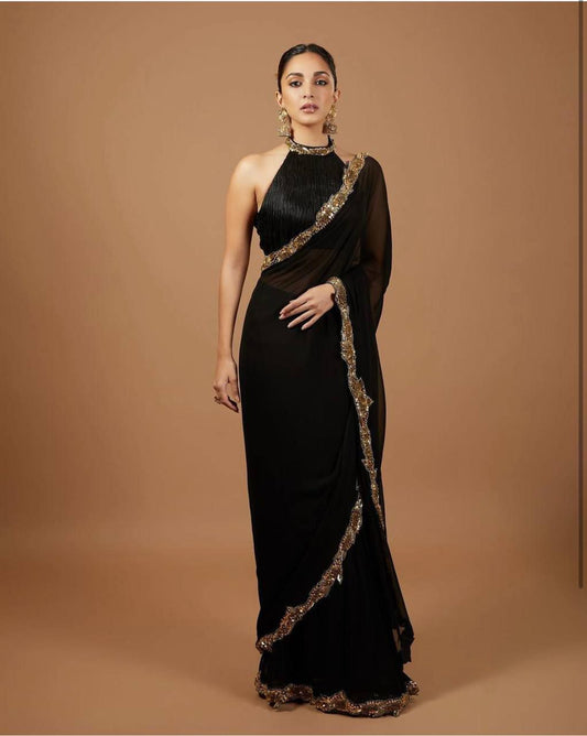 Black Georgette Saree with Zari & Sequins Border – Elegant Party Wear