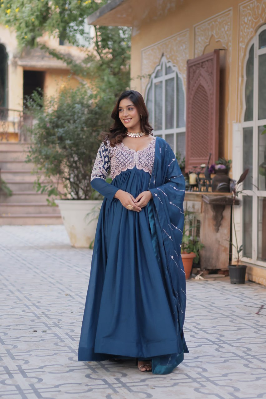 Blue Color Georgette Fabric with Embroidery Work Gown Set