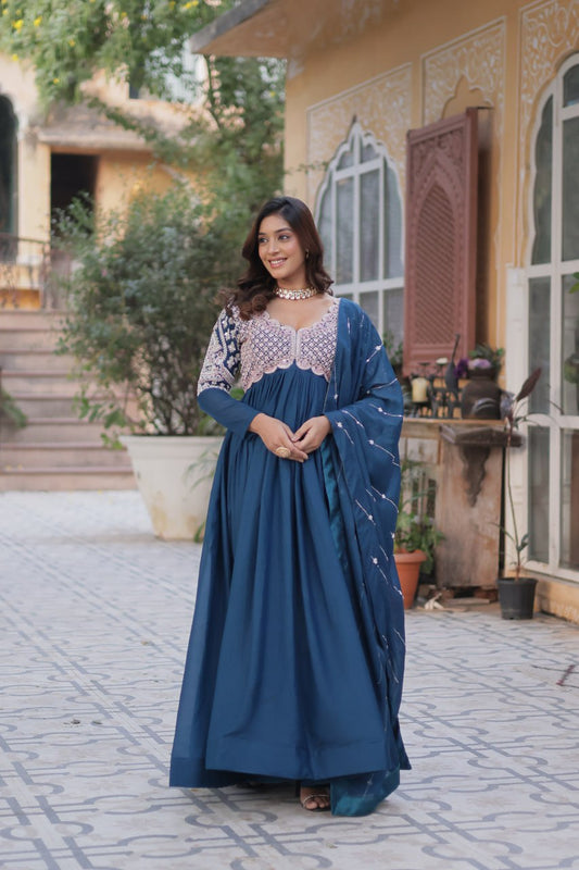 Blue Color Georgette Fabric with Embroidery Work Gown Set