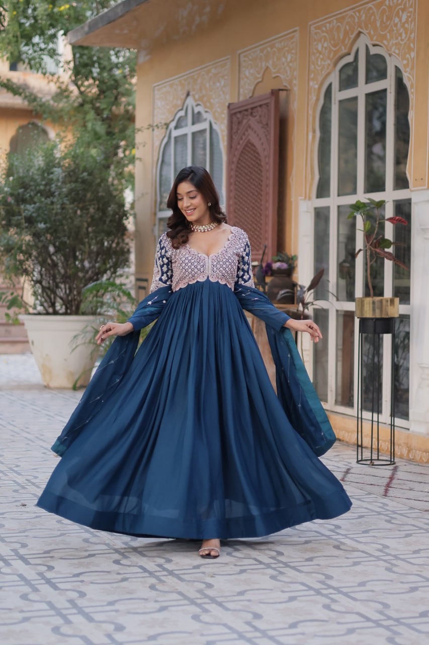 Blue Color Georgette Fabric with Embroidery Work Gown Set